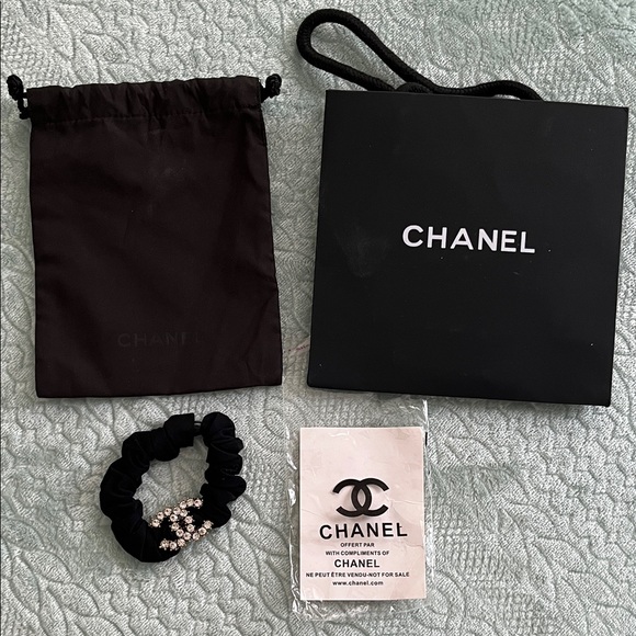 CHANEL Accessories - CHANEL Black Velvet Scrunchie with Crystal CC Emblem